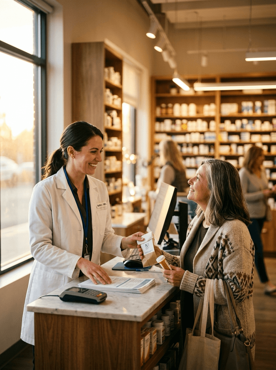 A pharmacist serving a customer in a community pharmacy