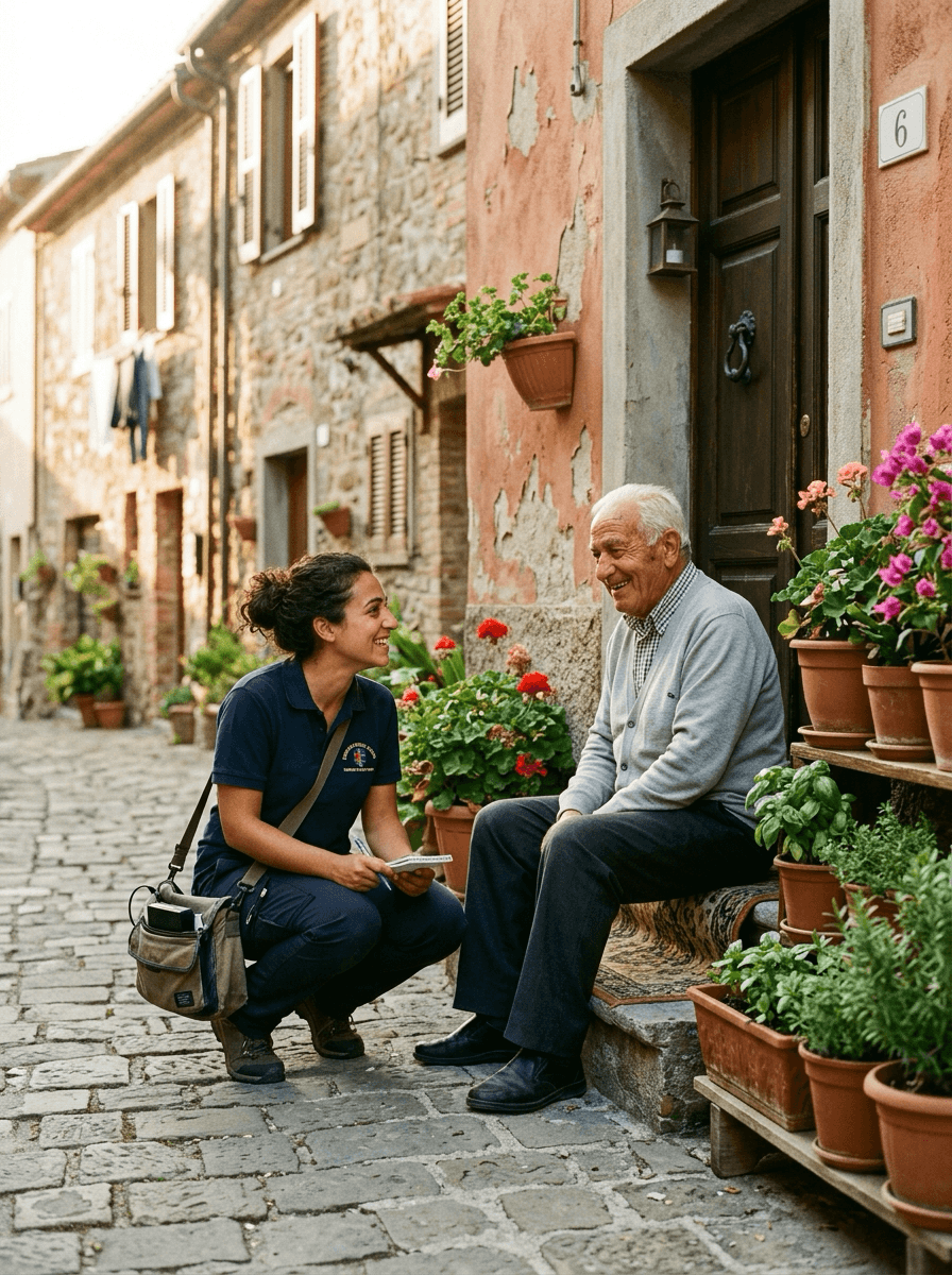 A community health worker talking warmly with an elderly man on a doorstep in an Italian village