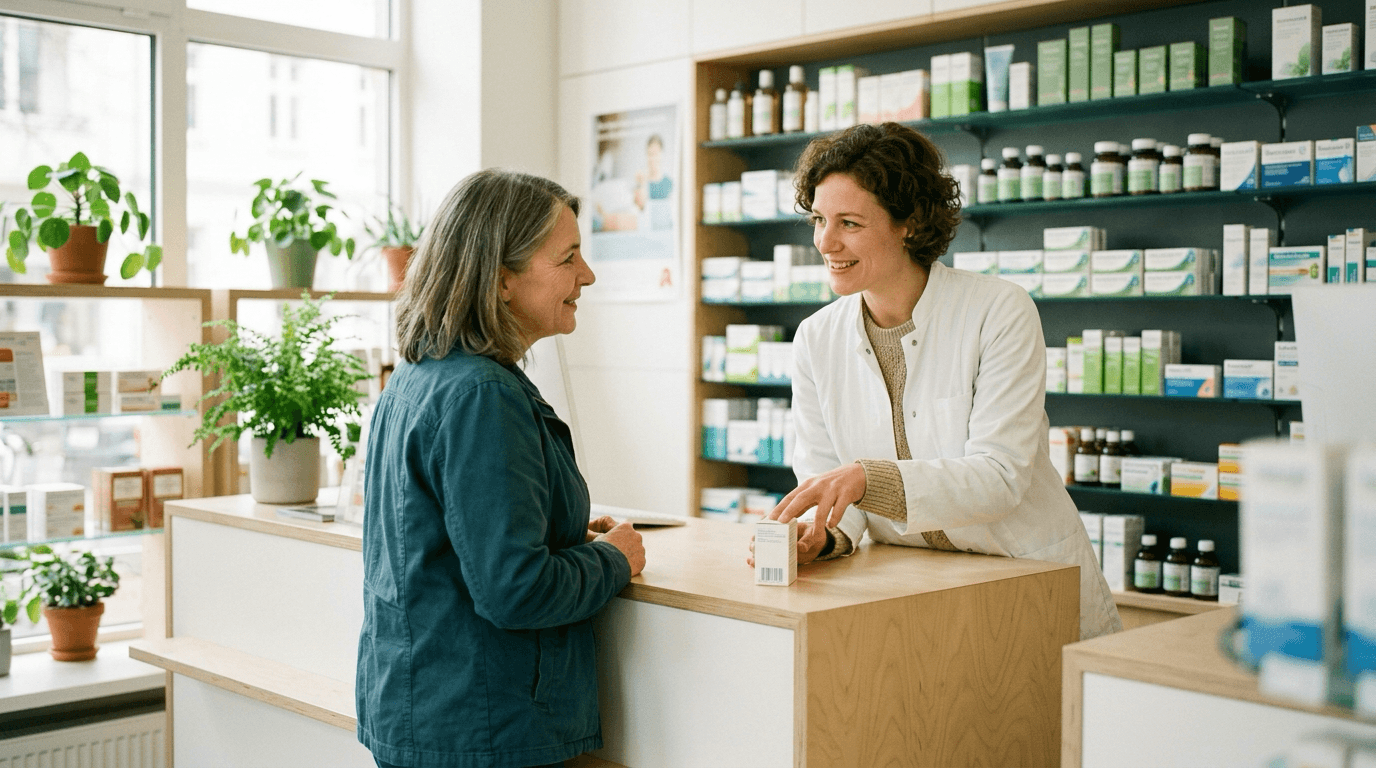 A pharmacist helps a customer at a warm community pharmacy counter
