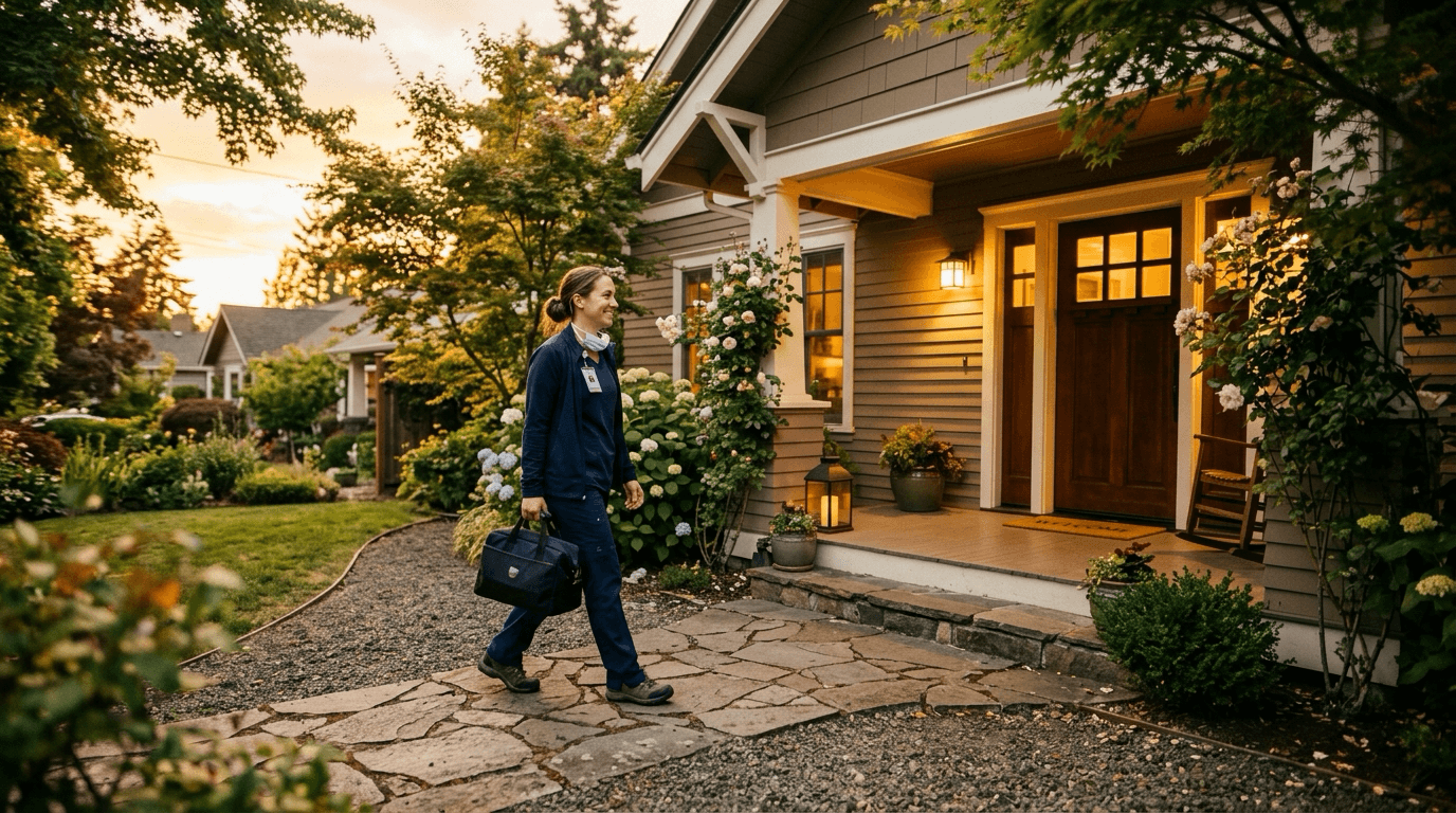 A home-visit nurse walking up a garden path to a patient's home at golden hour