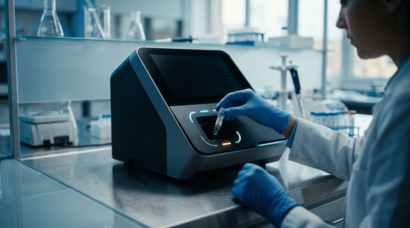 A scientist loading a sample into a precision analyzer in a modern diagnostics laboratory