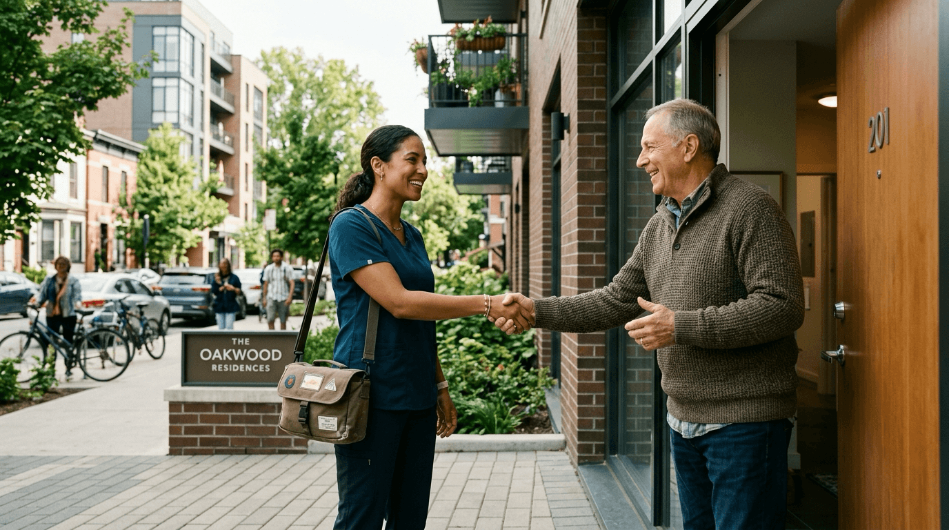 A community health worker greeting a patient at the doorway of their home