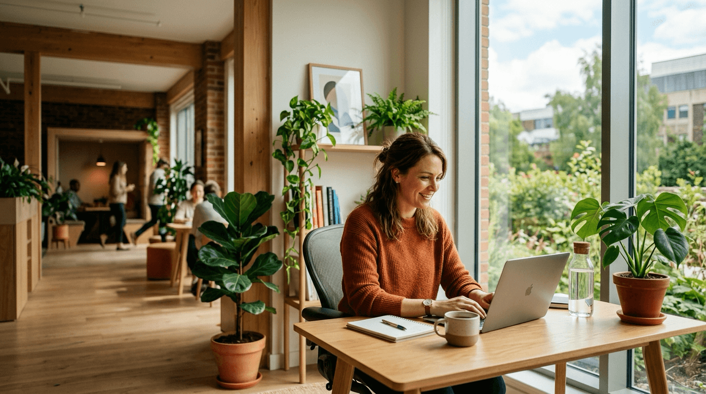 A friendly professional working at a desk near bright windows in a modern healthcare office