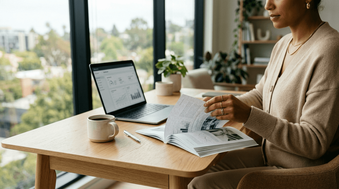 An open laptop and a printed report on a designer desk by a bright window