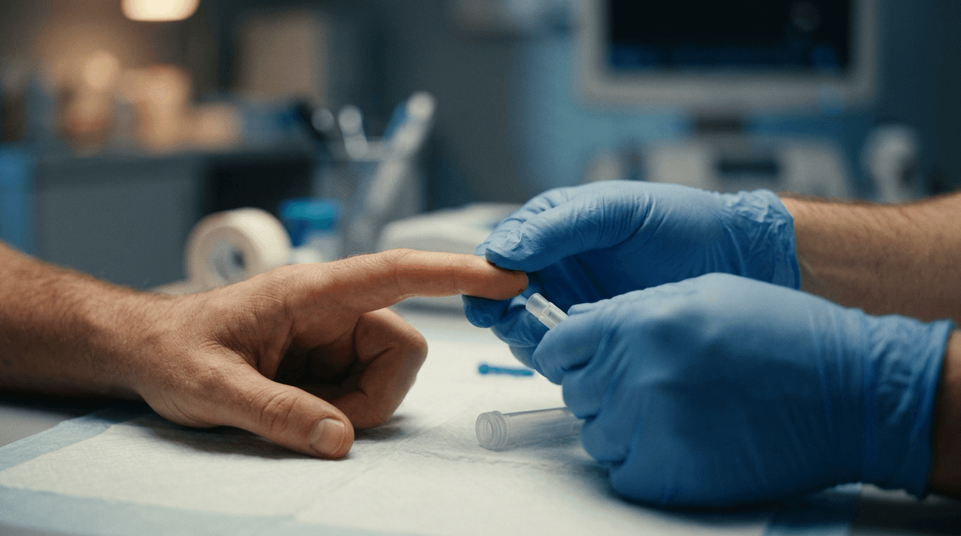 A clinician performing a gentle fingertip capillary blood collection